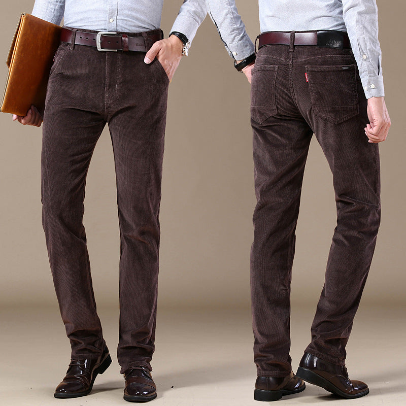 Men's Pockets Corduroy Trousers Winter Slim-fit Straight-leg Casual Pants Clothing