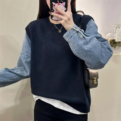 Denim Sleeve Stitching Fake Two Pieces Sweaters Women