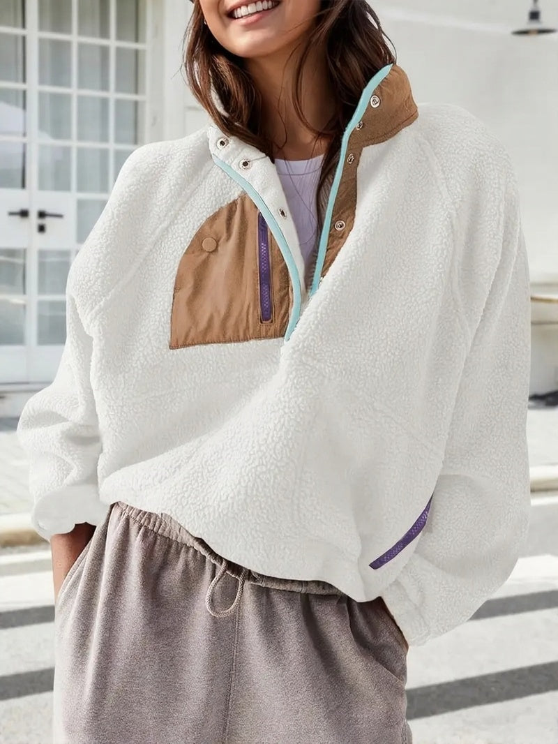 Women's Fashion Sweatshirt Fleece Stand Collar Zipper Pocket Top