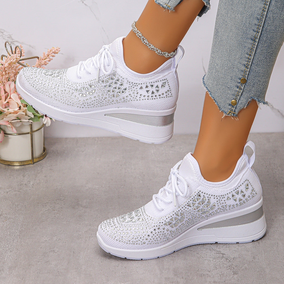 Strass-Sneaker, modische Schnür-Keilsandalen, Freizeitschuhe für Damen, Sportschuhe für den Alltag