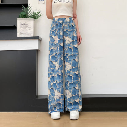 Women's Thin Casual High-waisted Loose Retro Printed Denim Straight-leg Pants