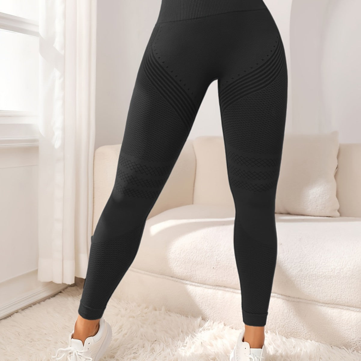 Damen-Freizeithose mit hohem Bund, Stretch, Streifen, einfarbig, dehnbar, Fitness- und Yoga-tauglich