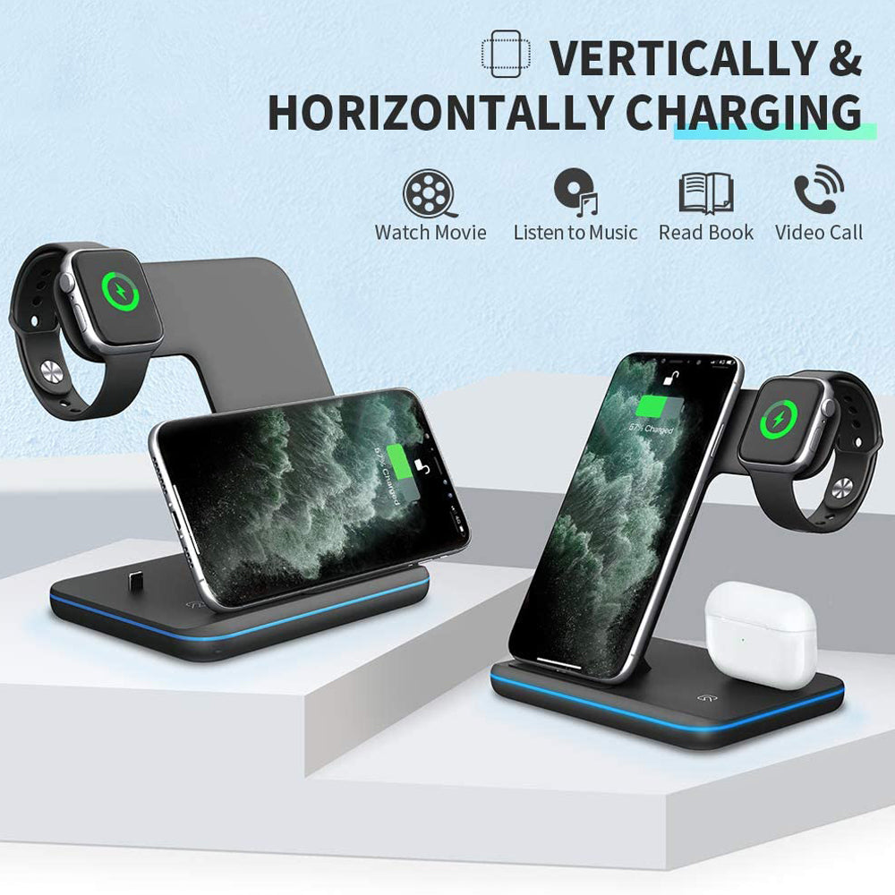 Kompatibles kabelloses Ladegerät für Mobiltelefone, Smartwatches und Kopfhörer – 3-in-1-Ladestation