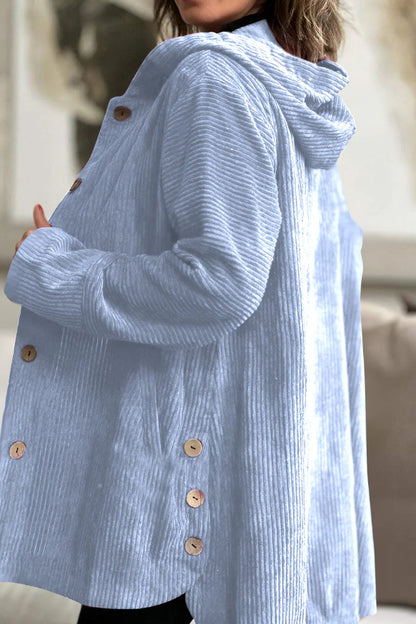 Damen-Cordjacke mit Kapuze, modisch, warm, mit Taschen, Knöpfen, mittellang, lässige Herbst-Winter-Oberbekleidung